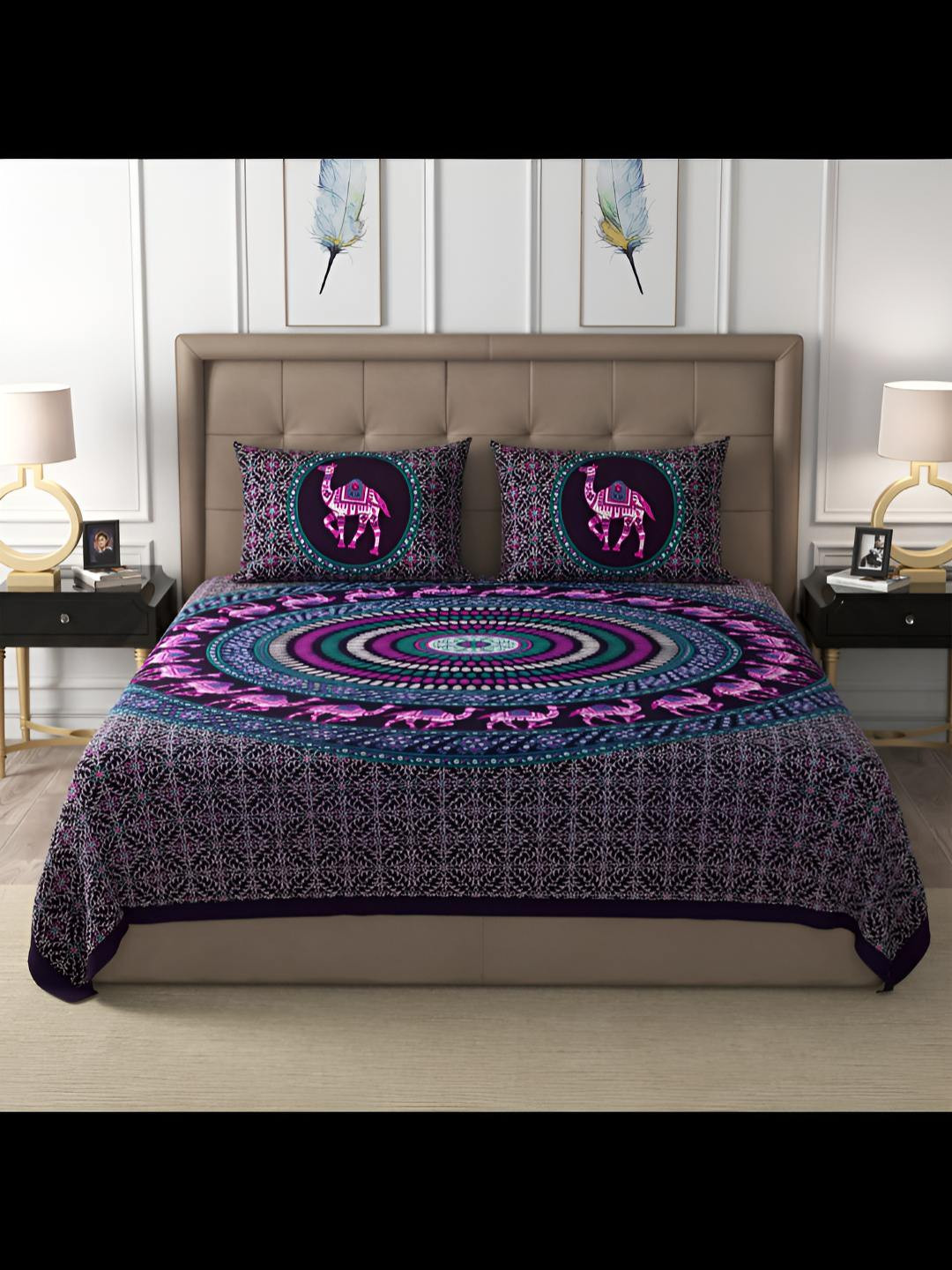 

BED-SHEET.COM Violet & Green Ethnic Motifs 180TC Cotton King Bedsheet Set- 2.74 m X 2.24 m