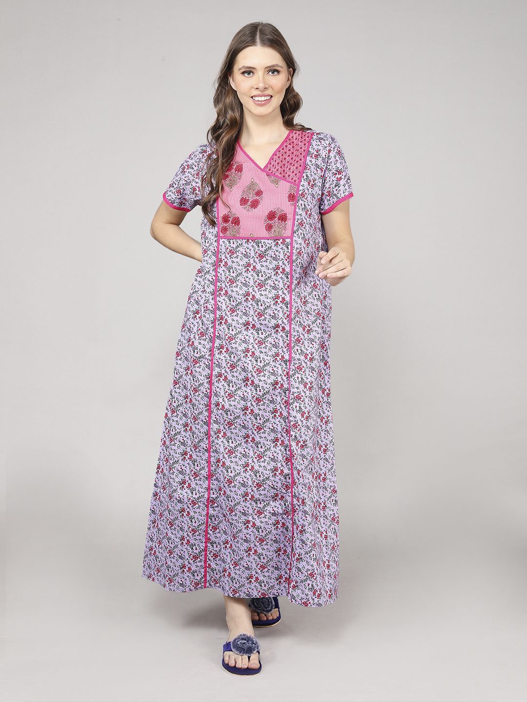 

evolove Women Floral Printed Pure Cotton Maxi Nightdress, Purple