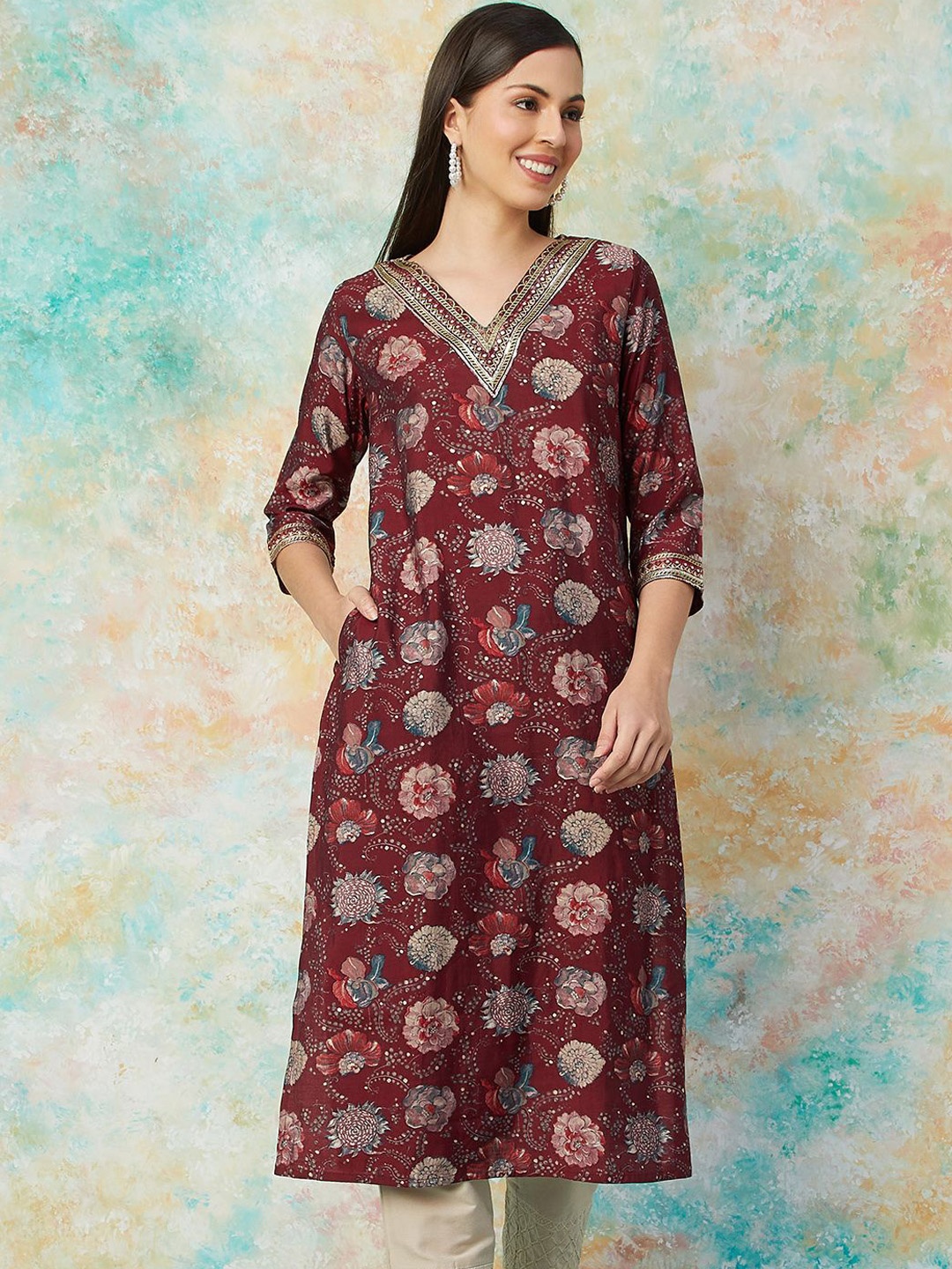 

Melange by Lifestyle Floral Printed V-Neck Three-Quarter Sleeves Thread Work Kurta, Maroon