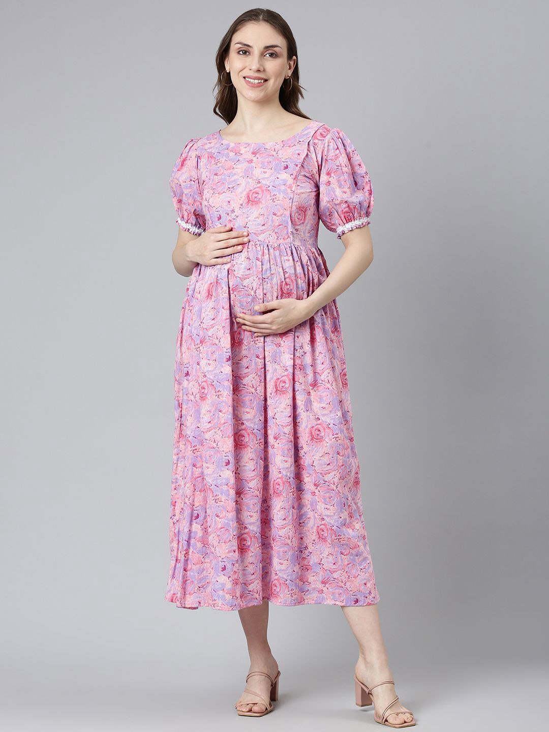 

Swishchick Cotton Floral Printed Puff Sleeve Maternity Fit & Flare Midi Dress, Pink