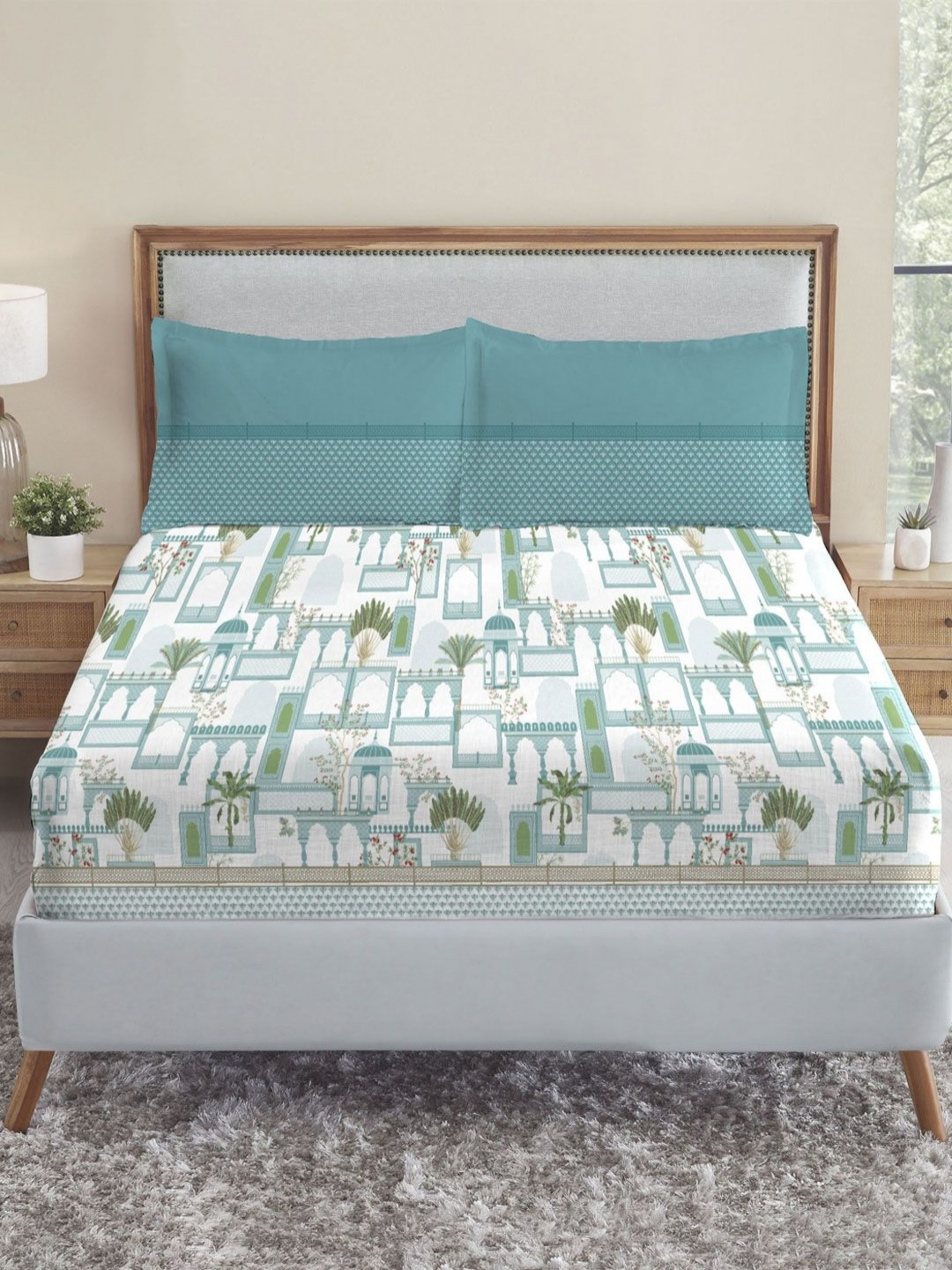 

MYTRIDENT Mauri Road To Jaipur Flat 210TC King Cotton 1 Bedsheet with 2 Pillow Covers, Blue