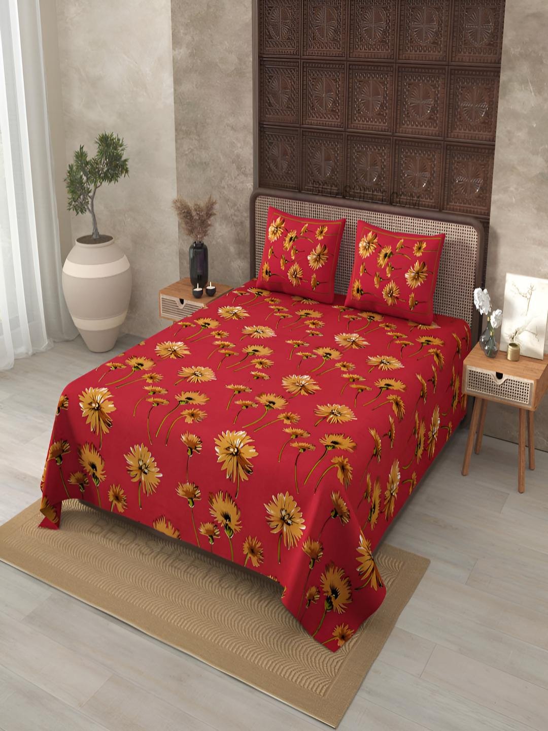 

BED-SHEET.COM Red & Yellow Floral 180 TC King Bedsheet with 2 Pillow Covers