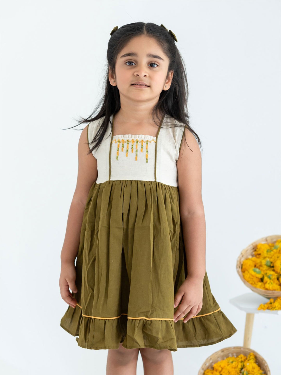 

Soleilclo Girls Colourblocked Square Neck Embroidered Detail Fit & Flare Dress, Green