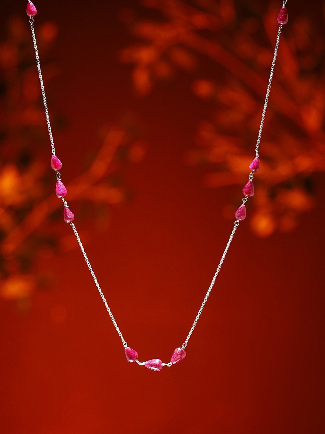 

Exotic India Sterling Silver Ruby Drops Long Necklace