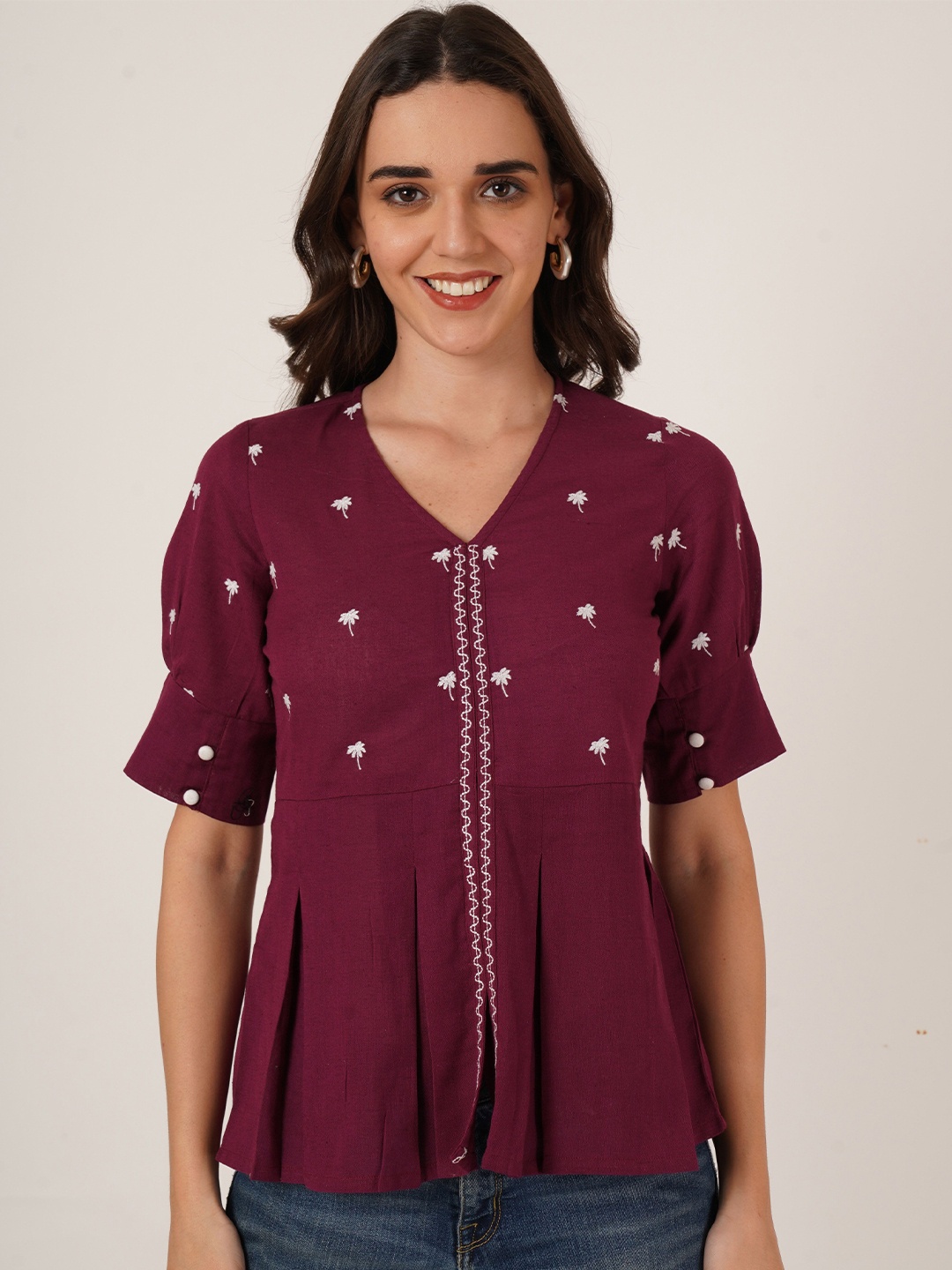 

Brownverse Floral Embroidered Cotton Top, Maroon