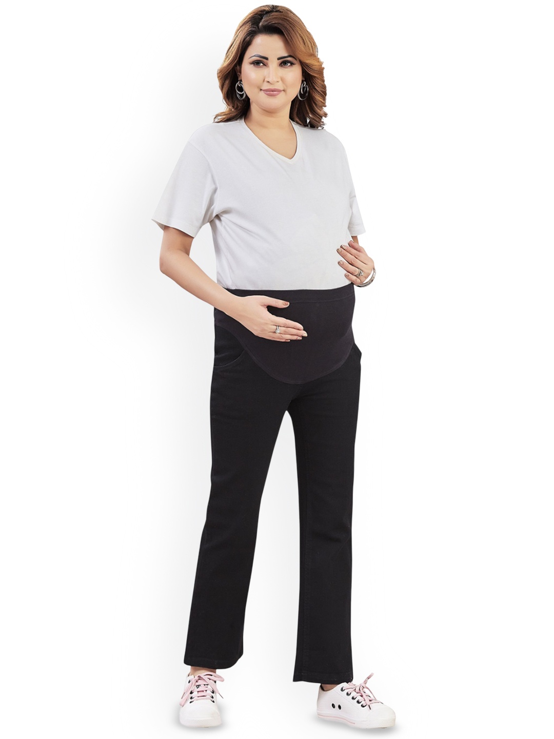 

mama & bebe Women Cotton Comfort Mom Fit Flared High-Rise Maternity Jeans, Black