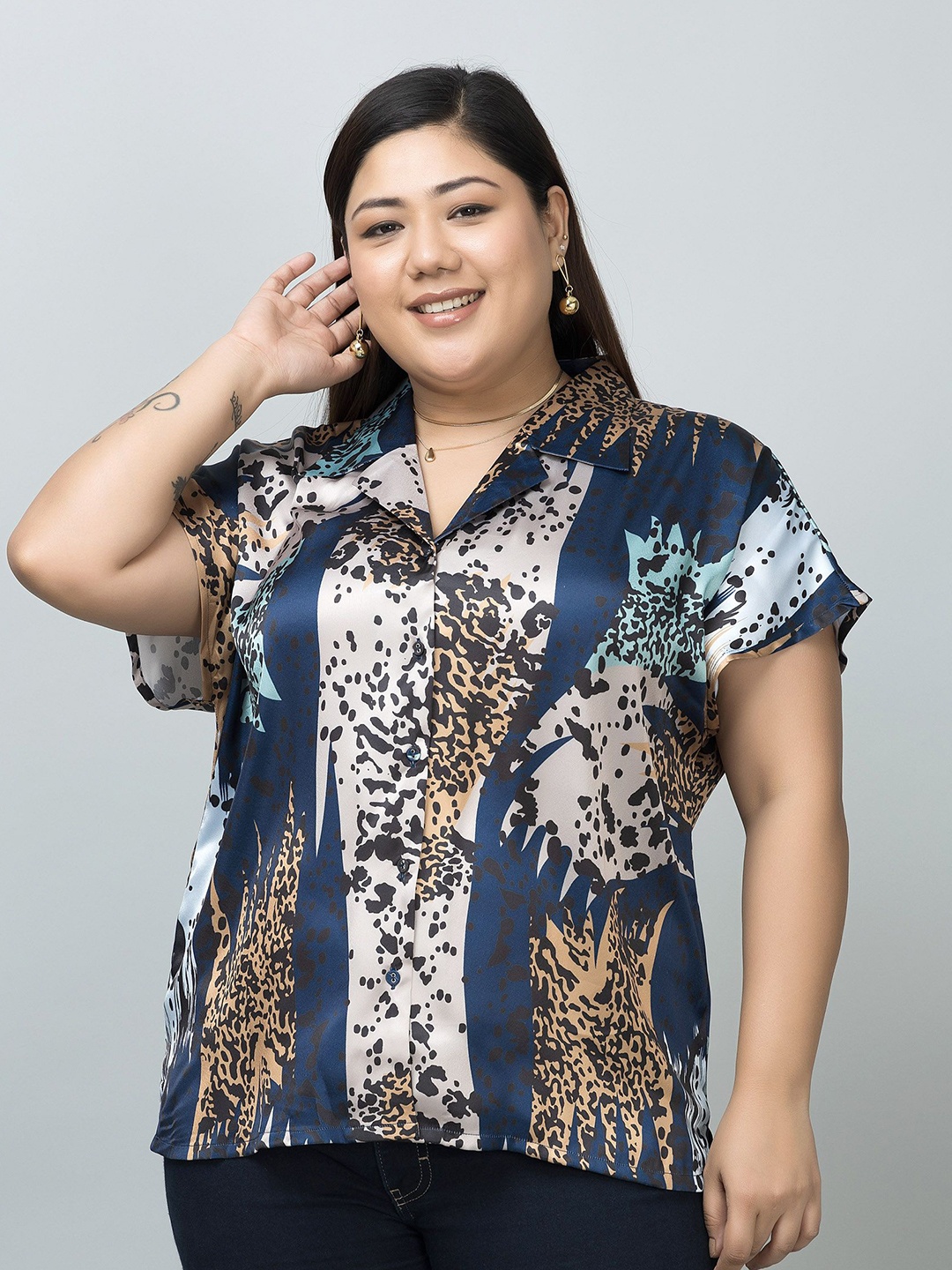 

PURYS PLUS Printed Satin Casual Shirt, Navy blue