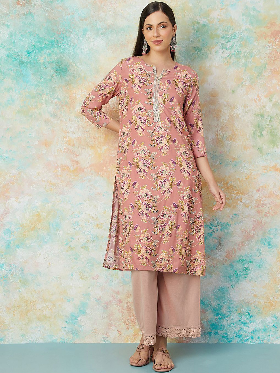 

Melange by Lifestyle Floral Printed Round Neck Three-Quarter Sleeves Thread Work Kurta, Peach