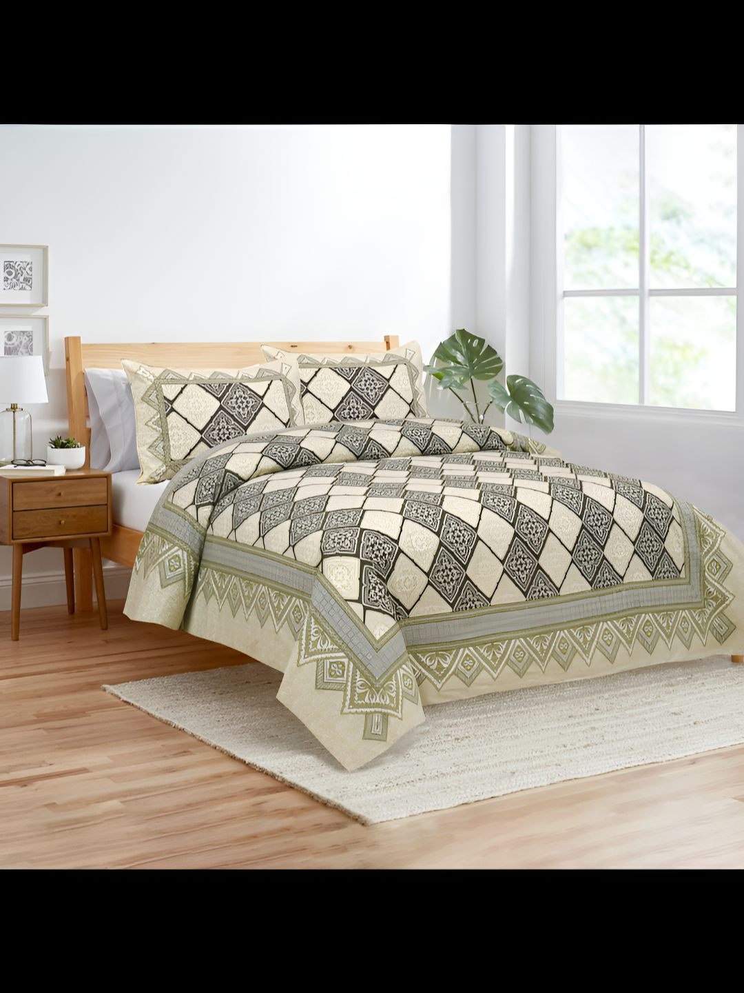 

BED-SHEET.COM Green & Cream-Coloured Geometric 180 TC King Bedsheet with 2 Pillow Covers