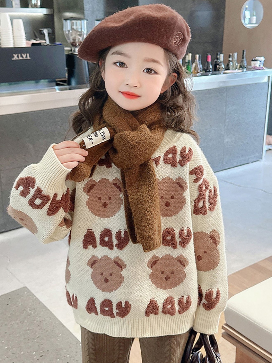 

LULU & SKY Girls Printed Round Neck Long Sleeves Pullover, Brown