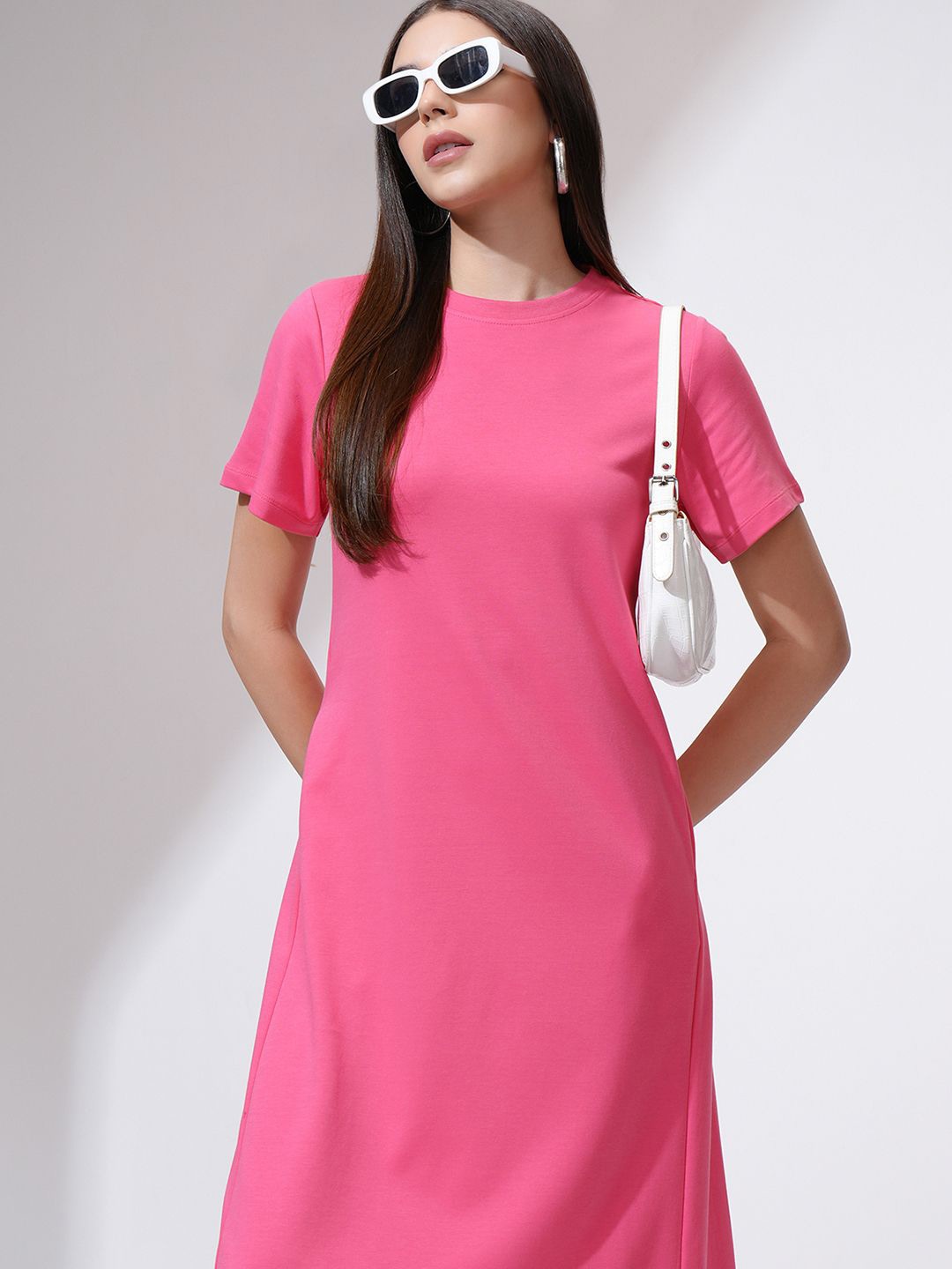 

Basics By Tokyo Talkies Women Round Neck A-Line Midi Dress, Pink