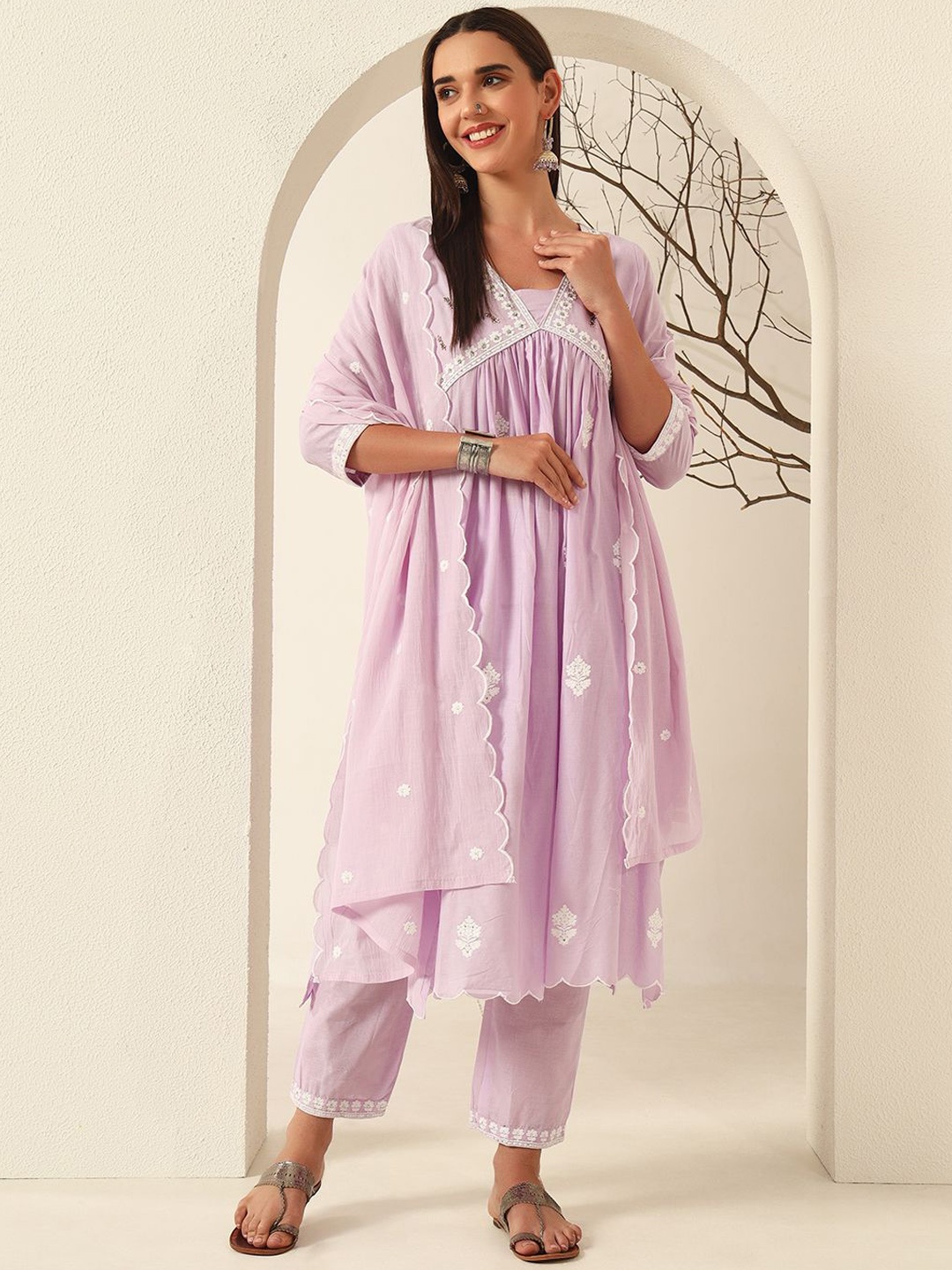 

Anouk Purple Floral Embroidered V-Neck Pure Cotton Straight Kurta with Trousers & Dupatta