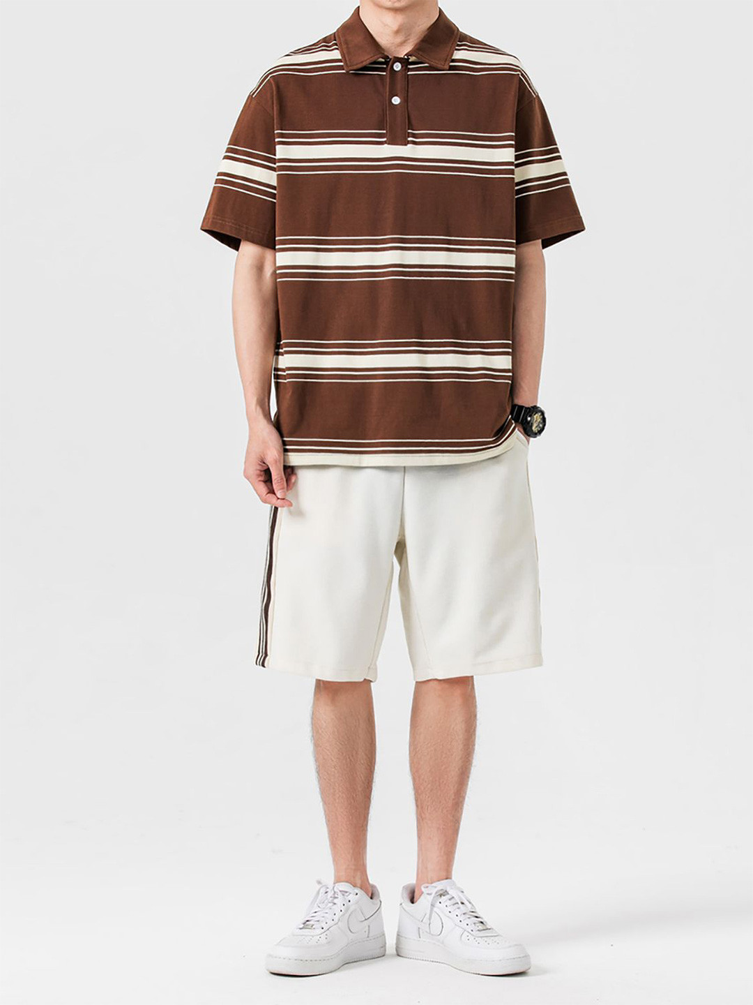 

StyleCast x Revolte Men Striped T-shirt with Shorts, Brown