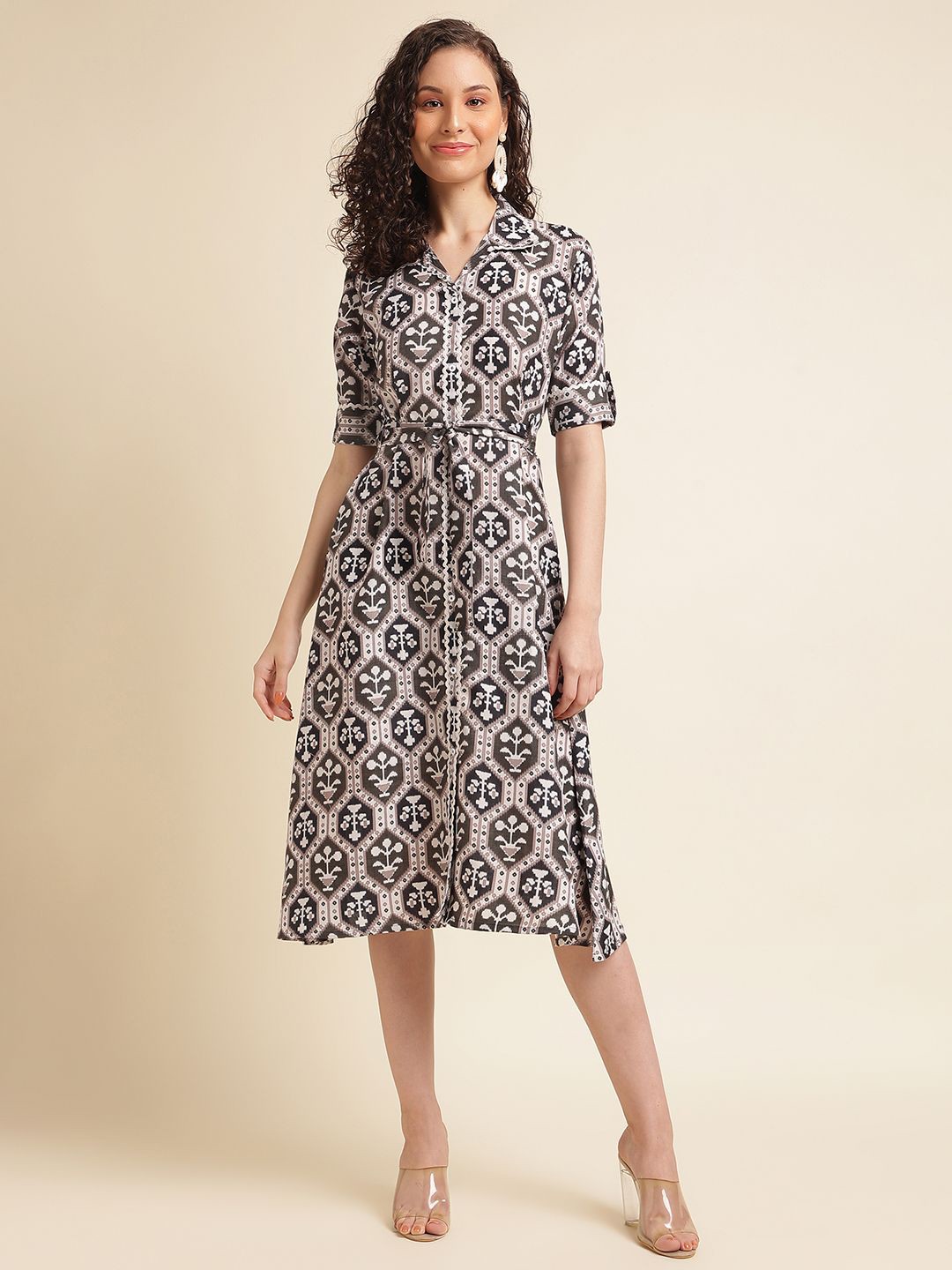 

DressBerry Women Printed Fit & Flare Dress, Brown