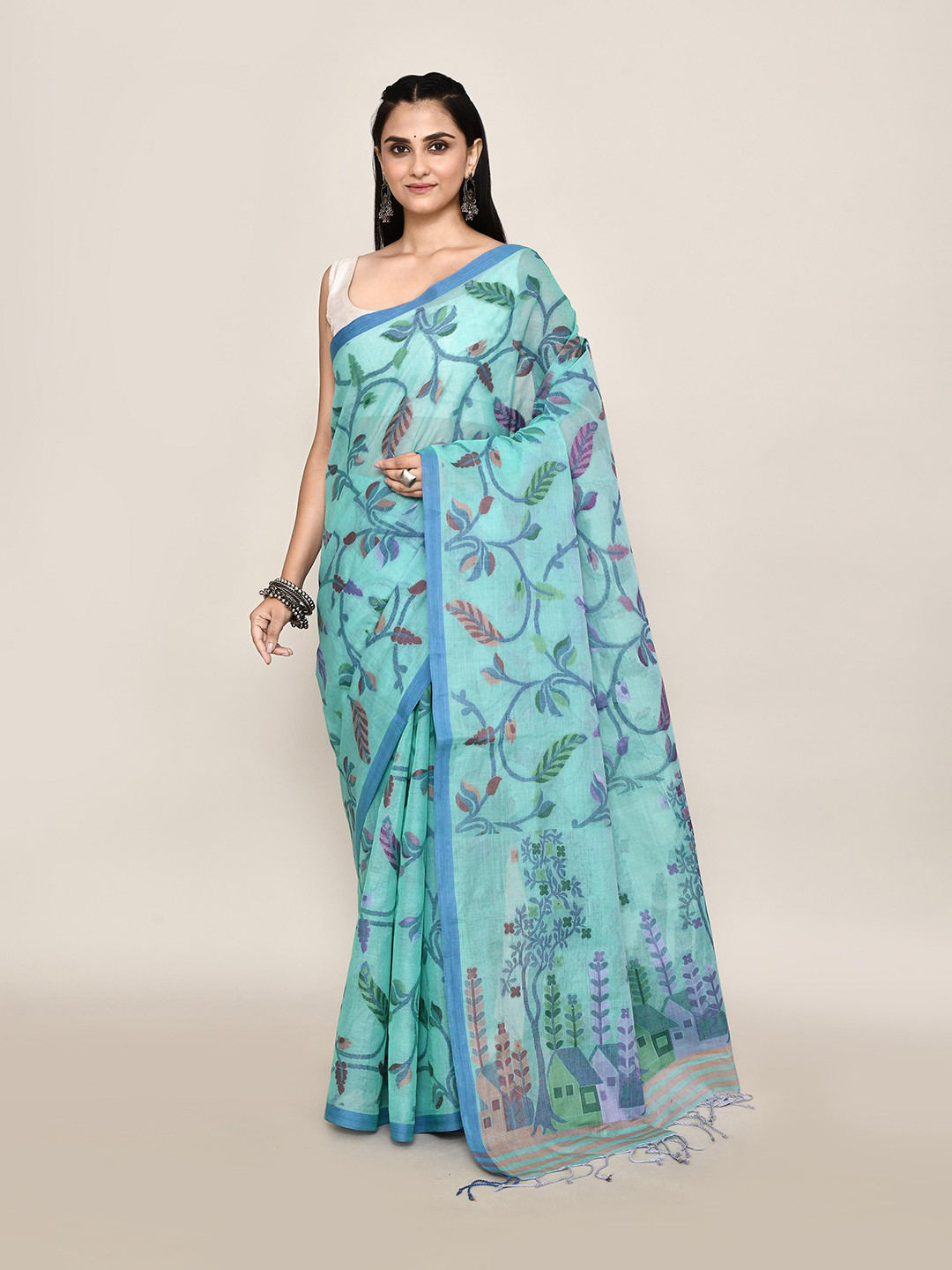 

PUKU Ethnic Motifs Pure Cotton Taant Saree, Sea green