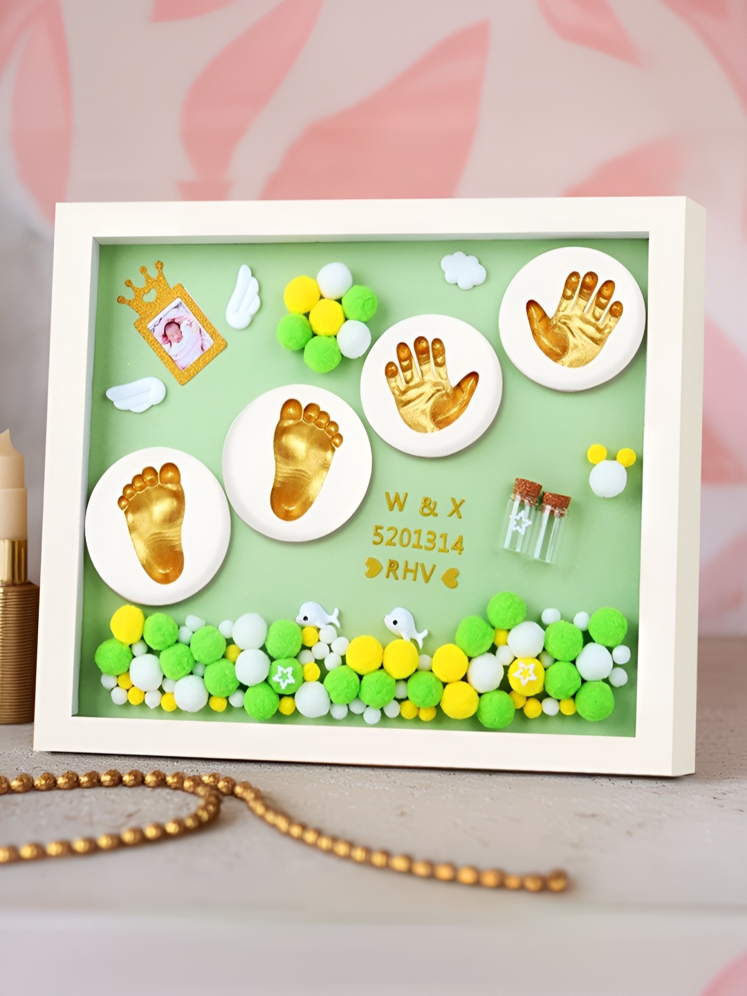 

Gleevers Green & White Baby Hand & Footprint MDF Wall Photo Frame