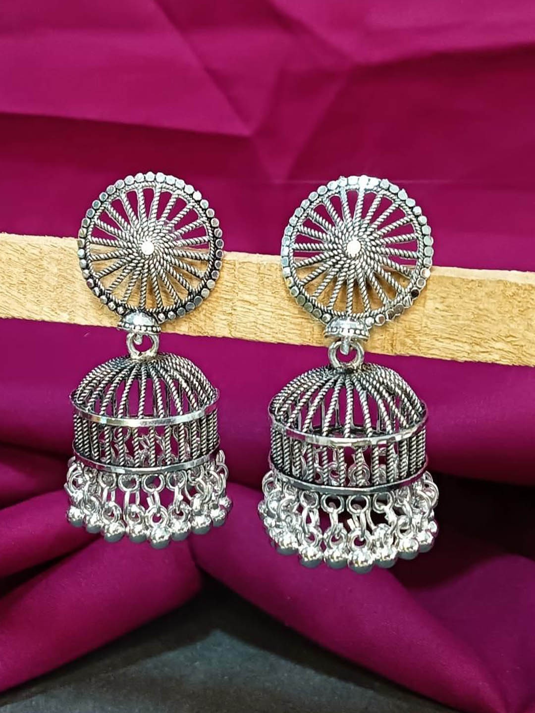 

Efulgenz Rhodium-Plated Dome Shaped Beaded Oxidized Jhumkas, Silver