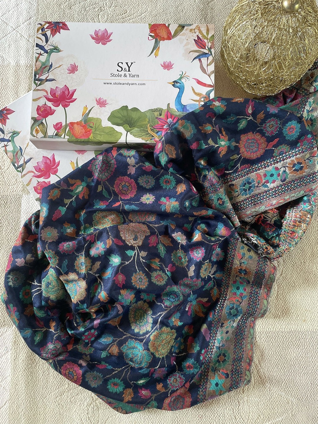 

Stole & Yarn Women Floral Woven Design Stoles, Navy blue