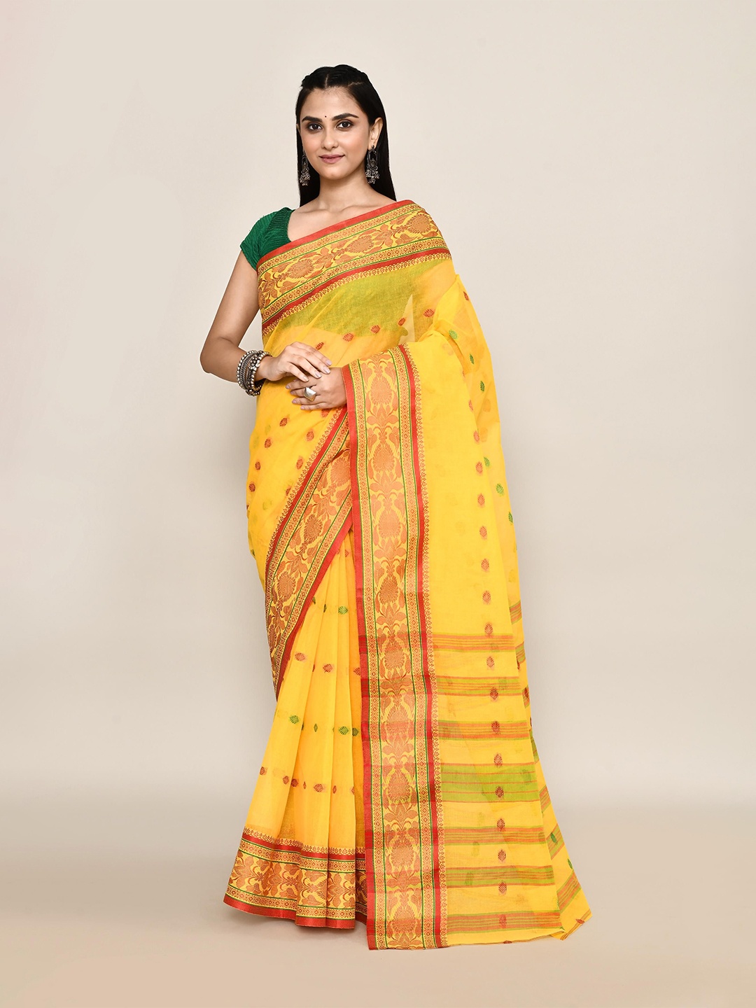 

PUKU Ethnic Motifs Woven Design Pure Cotton Taant Saree, Yellow