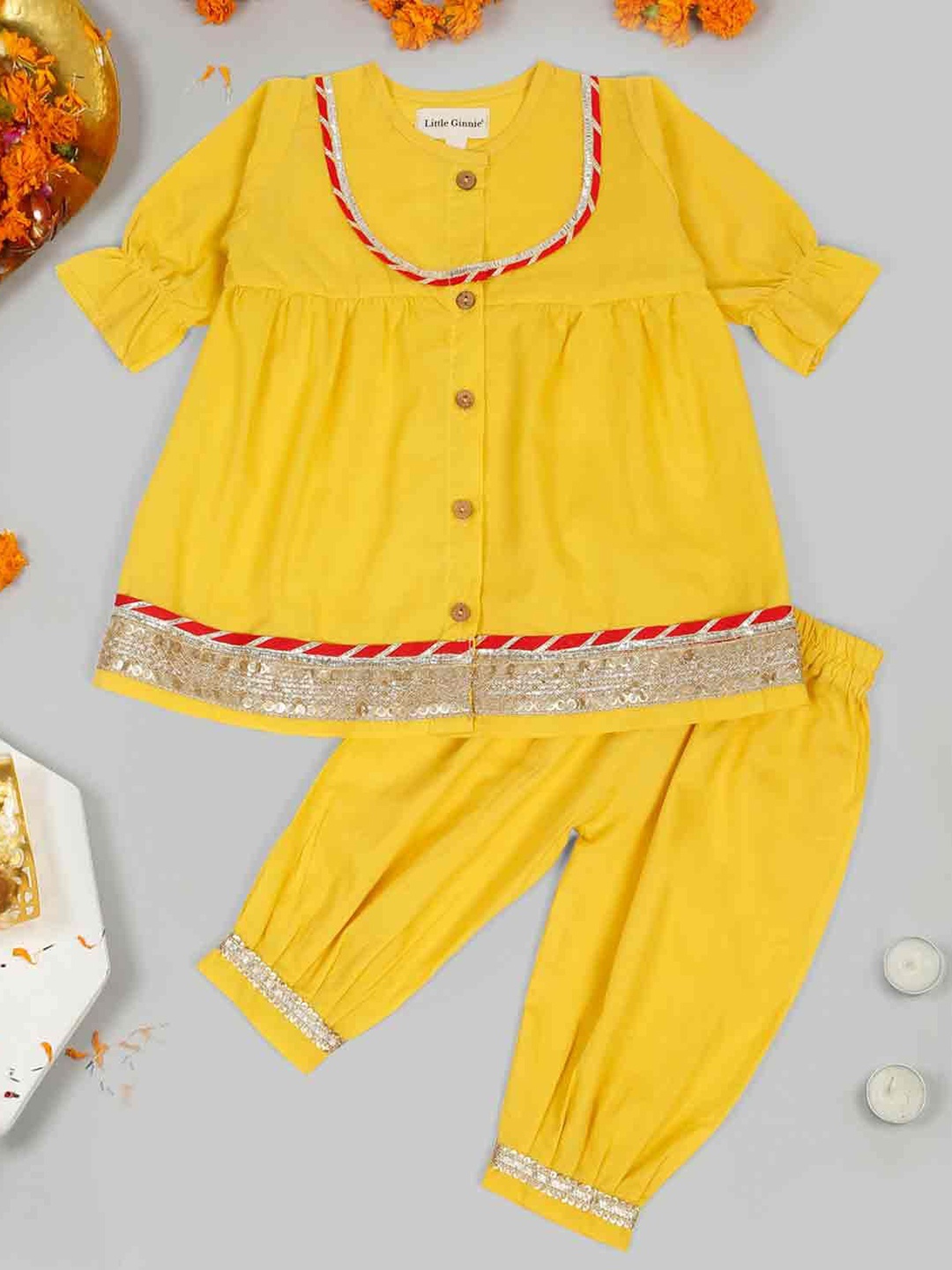 

LITTLE GINNIE Girls Round Neck Kurti With Pyjamas, Yellow