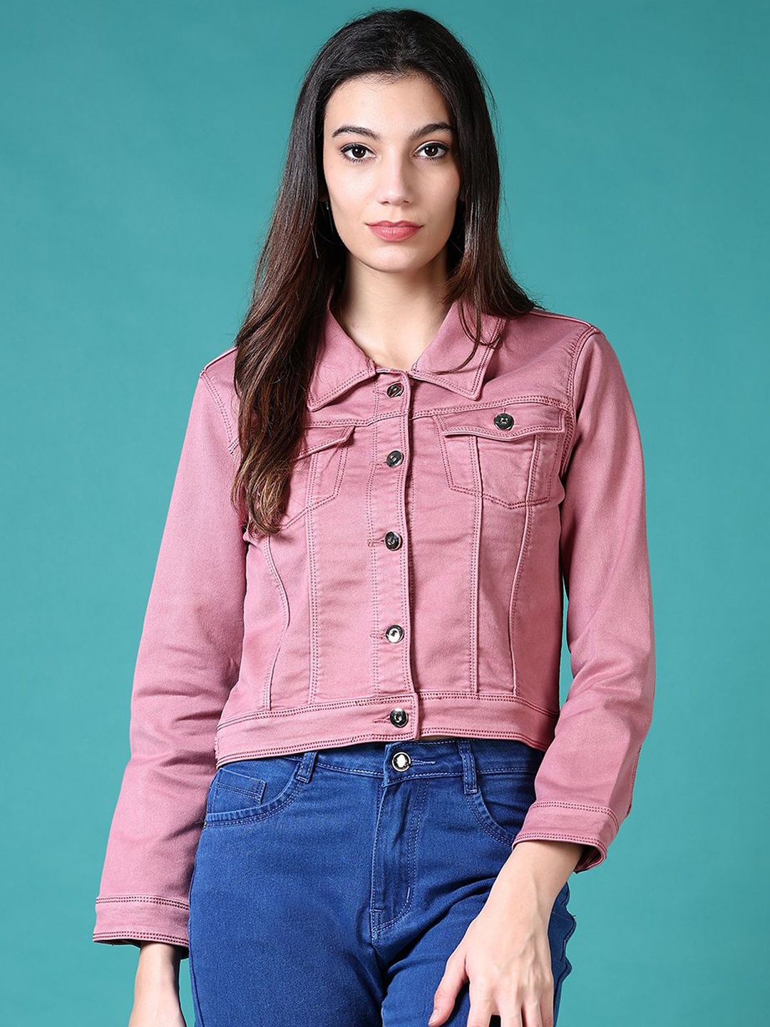 

V-Mart Women Denim Jacket with Embroidered, Peach