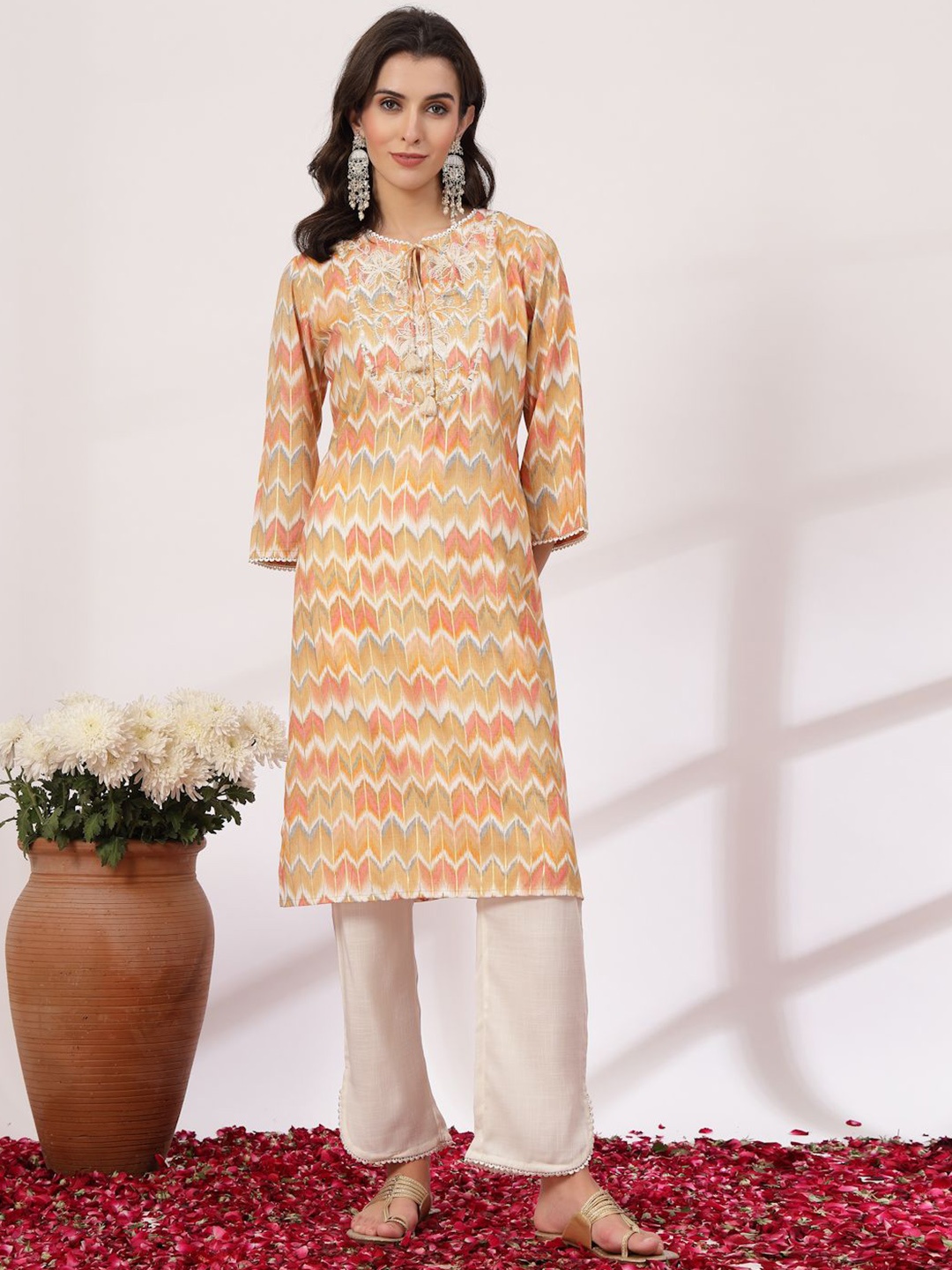 

Nayam By Lakshita Chevron Printed Tie-Up Neck Straight Kurta with Palazzos, Yellow