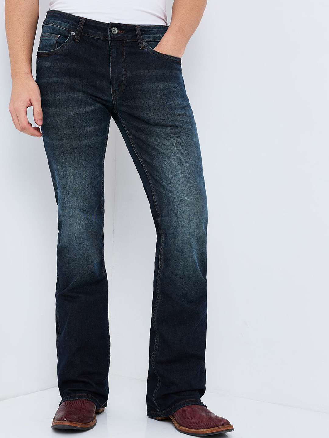 

mode de base Men Cotton Bootcut Low-Rise Light Fade Jeans, Blue