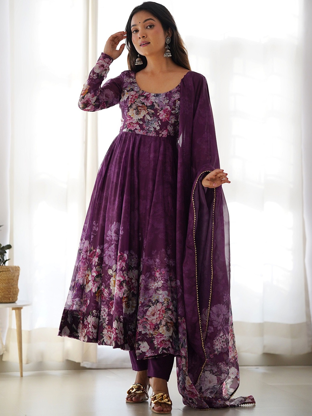 

KALINI Floral Printed Anarkali Kurta with Trousers & Dupatta, Magenta