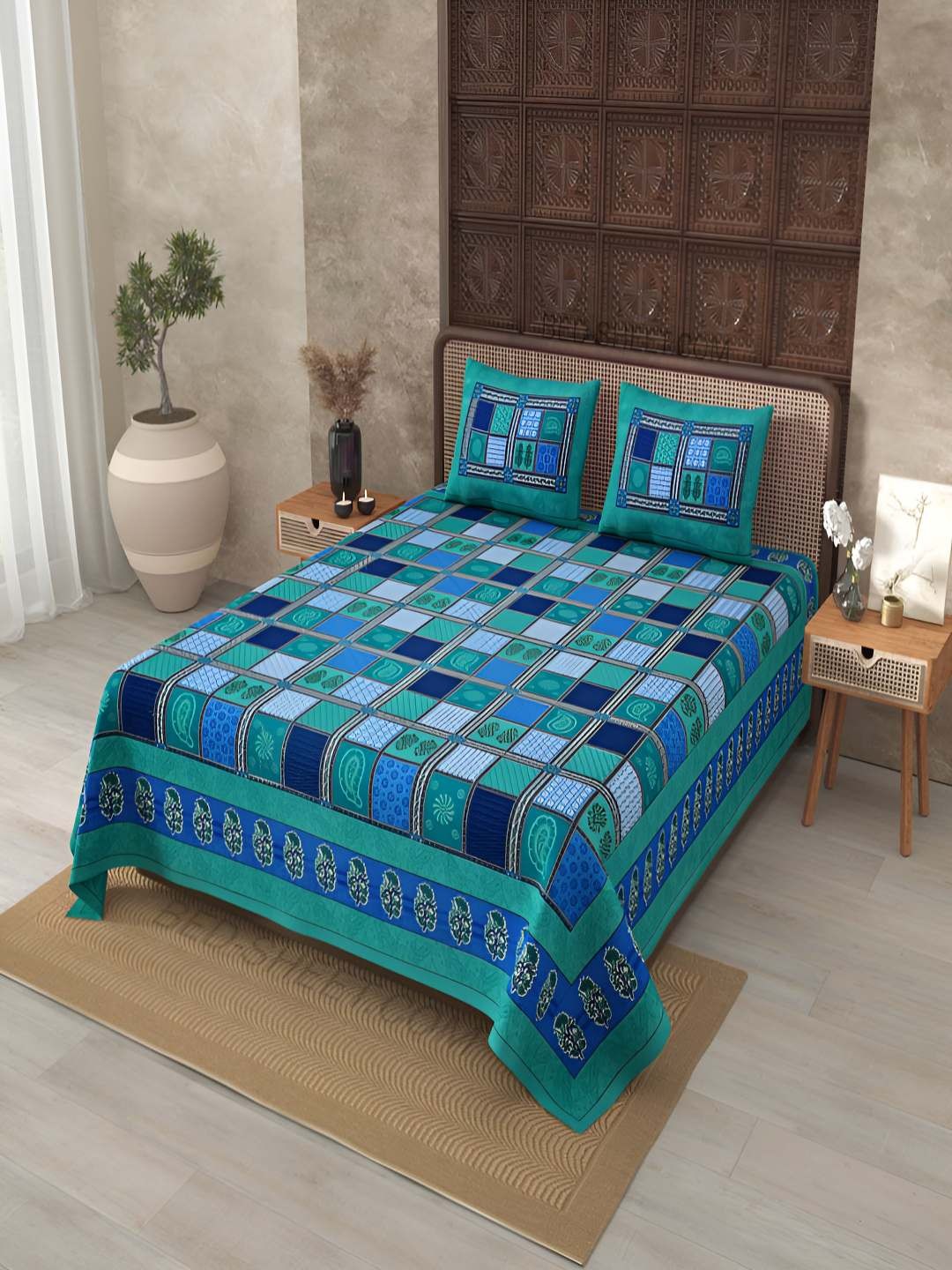 

BED-SHEET.COM Green & Blue Ethnic Printed Cotton 180 TC King Bedsheet Set 2.74 m x 2.24 m