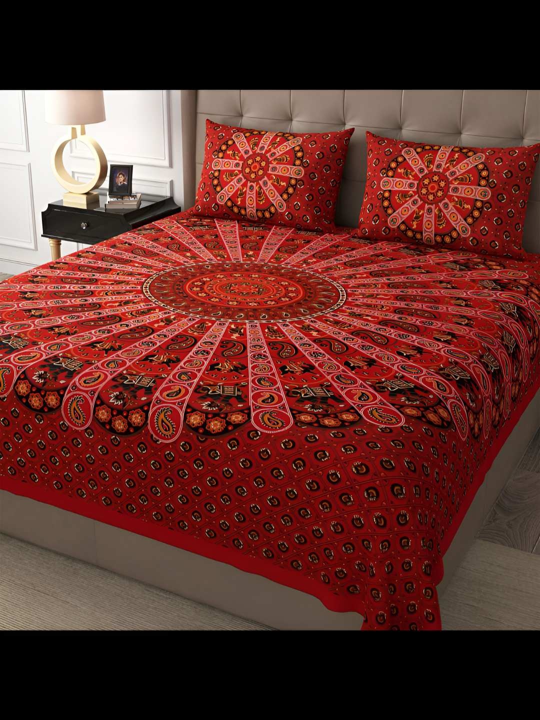 

BED-SHEET.COM Grey & Red Ethnic Motifs 180 TC King Bedsheet with 2 Pillow Covers