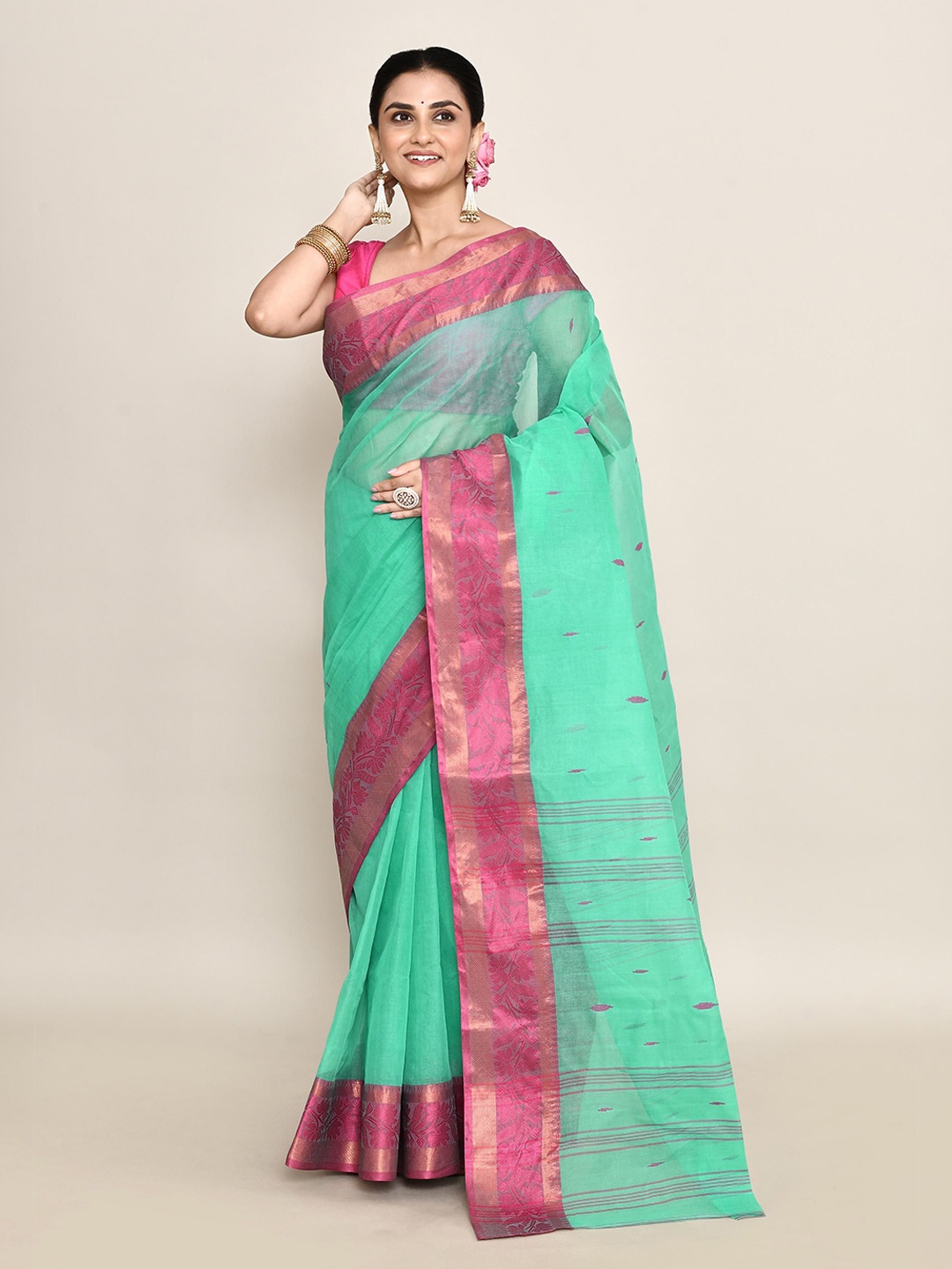 

PUKU Woven Design Zari Pure Cotton Taant Saree, Sea green