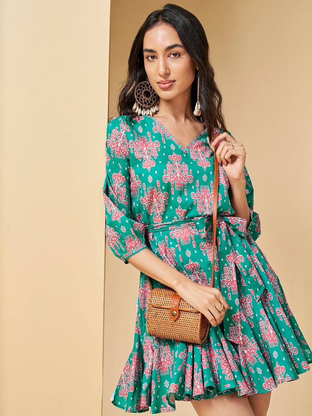 

DressBerry Women Gathered Printed Fit & Flare Mini Cotton Dress, Green