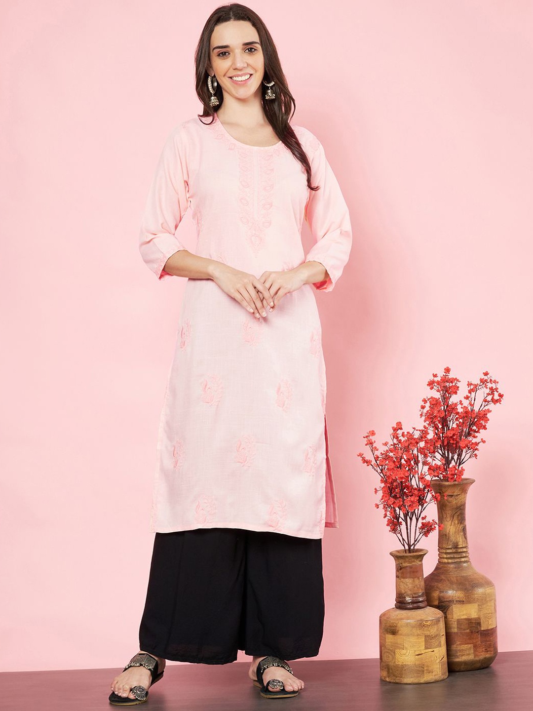

HERE&NOW Floral Embroidered Cotton Straight Kurta, Peach