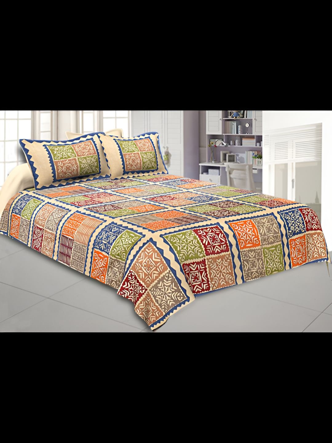 

BED-SHEET.COM Beige & Blue Ethnic Motifs 180 TC King Bedsheet with 2 Pillow Covers