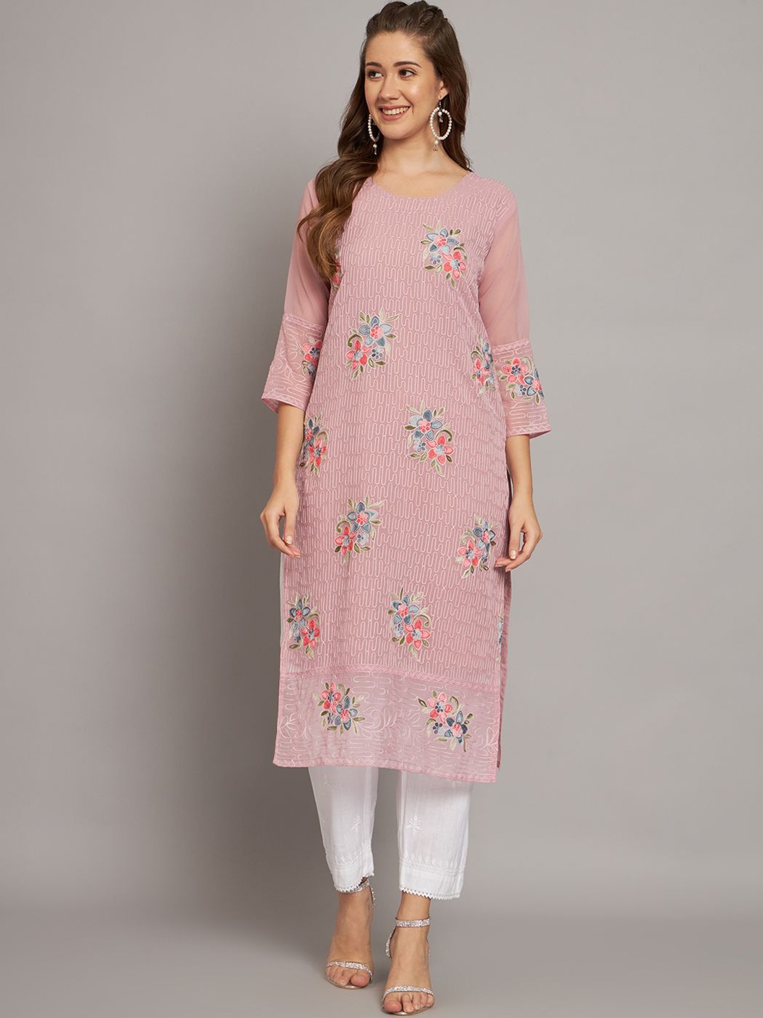 

HERE&NOW Floral Embroidered Georgette Straight Kurta, Mauve
