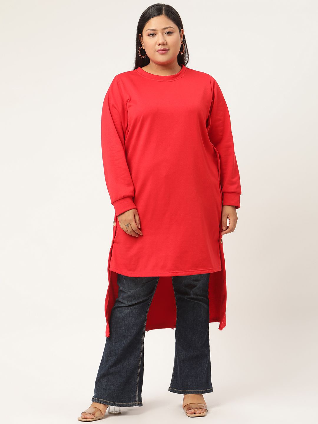 

theRebelinme Women Round Neck Long Sleeves Longline Top, Red