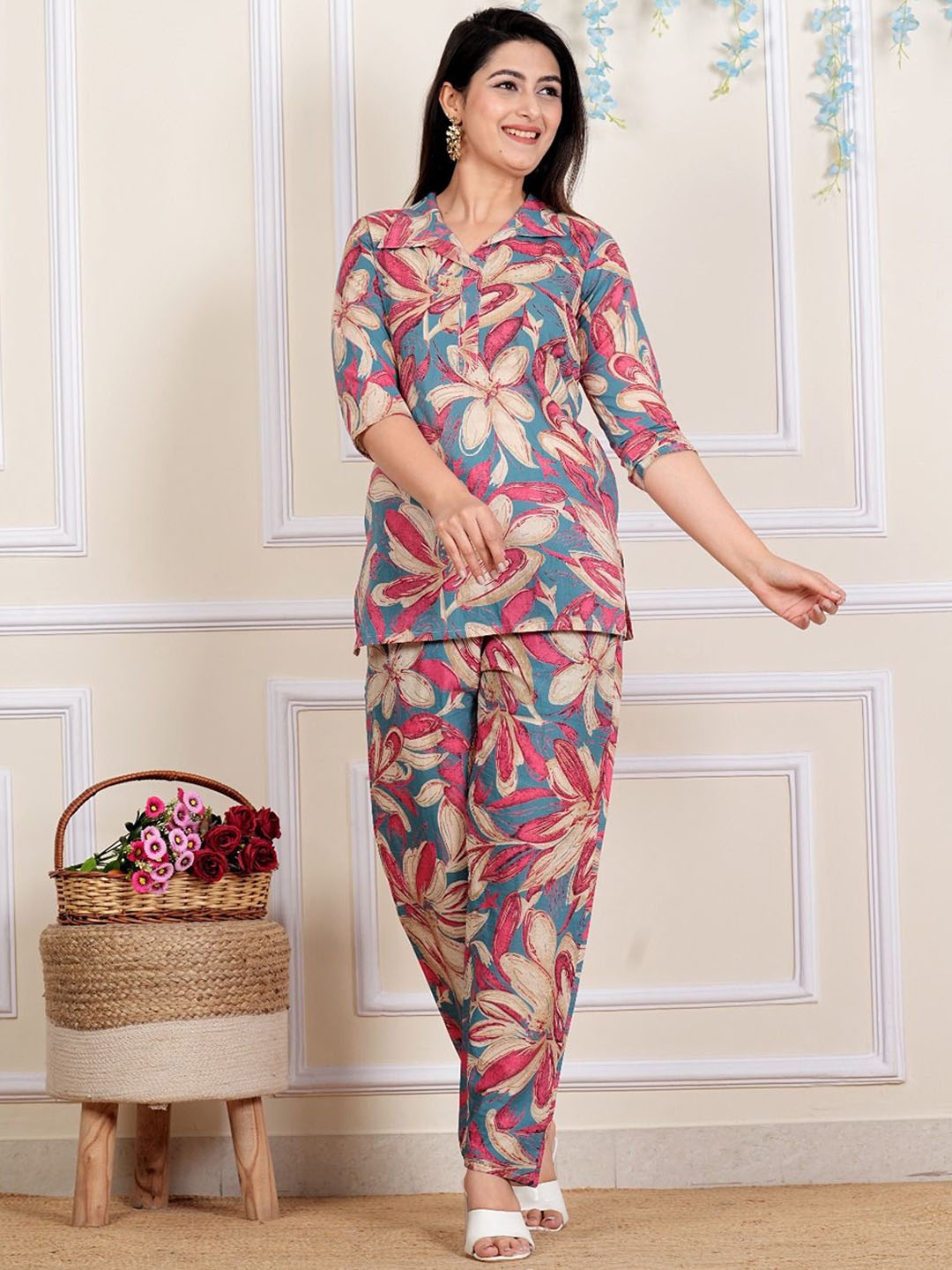 

Moktika Floral Printed Shirt Collar Three-Quarter Sleeves Pure Cotton Top With Trouser, Pink