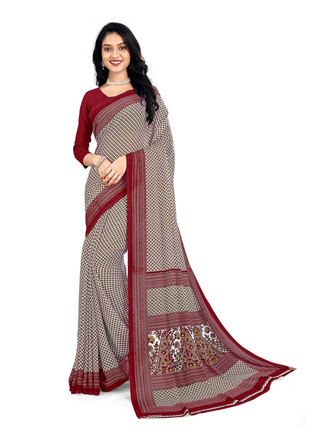 

Navvi Checked Saree With Printed Border, Brown
