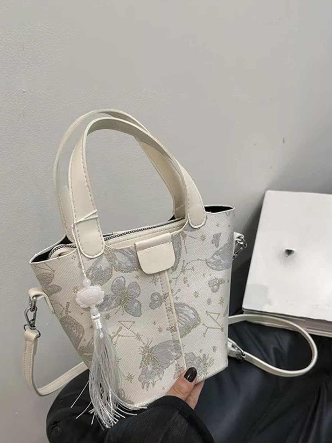 

StyleCast Printed Shopper Handheld Bag with Bow Detail, White