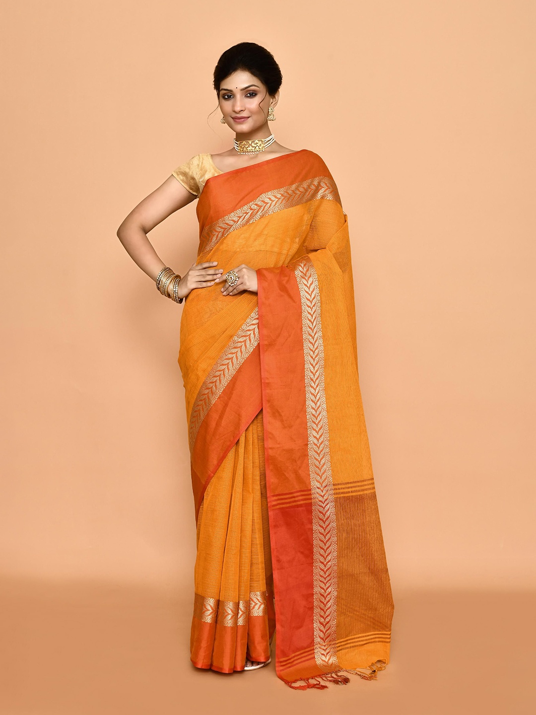 

PUKU Woven Design Pure Cotton Taant Saree, Mustard