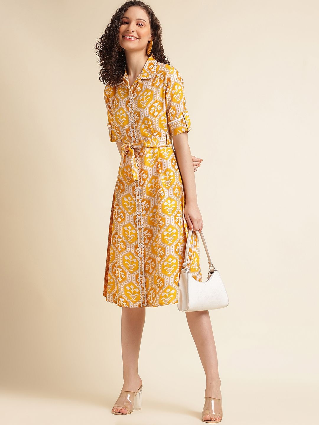 

DressBerry Women Ethnic Printed Cotton Belted Shirt Dress, Yellow