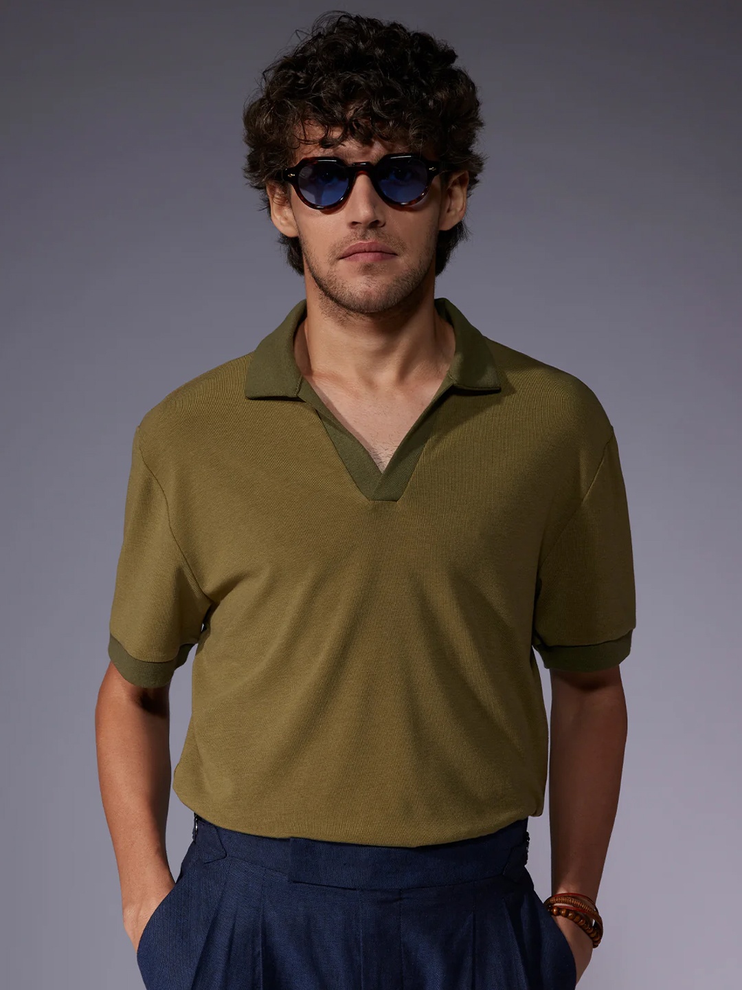 

Bombay Shirt Company Men Polo Collar Raw Edge T-shirt, Olive