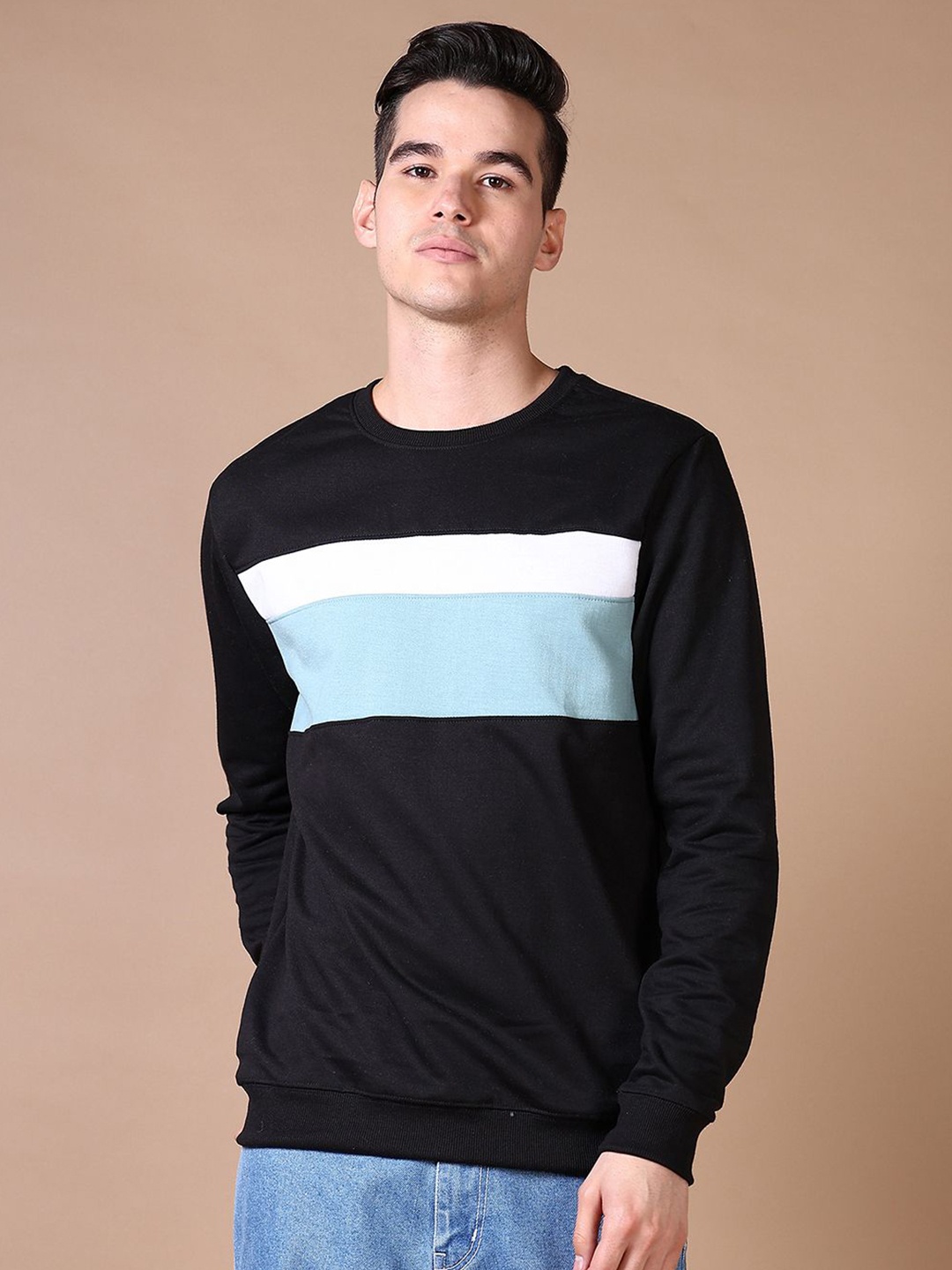 

V-Mart Men Round Neck Colourblocked Sweatshirt, Black