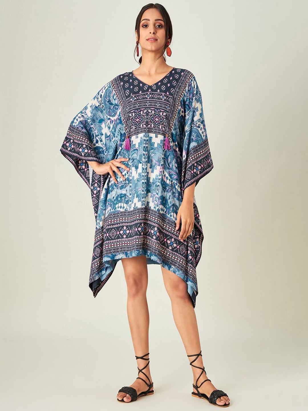 

The Kaftan Company Women V-Neck Ethnic Motifs Printed Kimono Sleeve Kaftan Dress, Blue