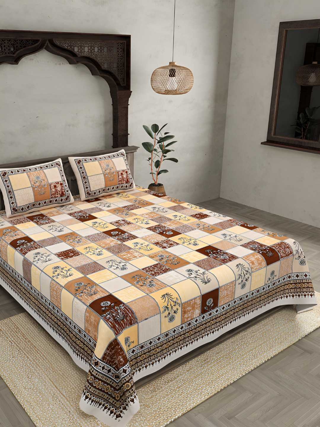

BED-SHEET.COM Brown & Yellow Floral Printed Cotton King 240 TC Bedsheet Set 2.74 x 2.54 m