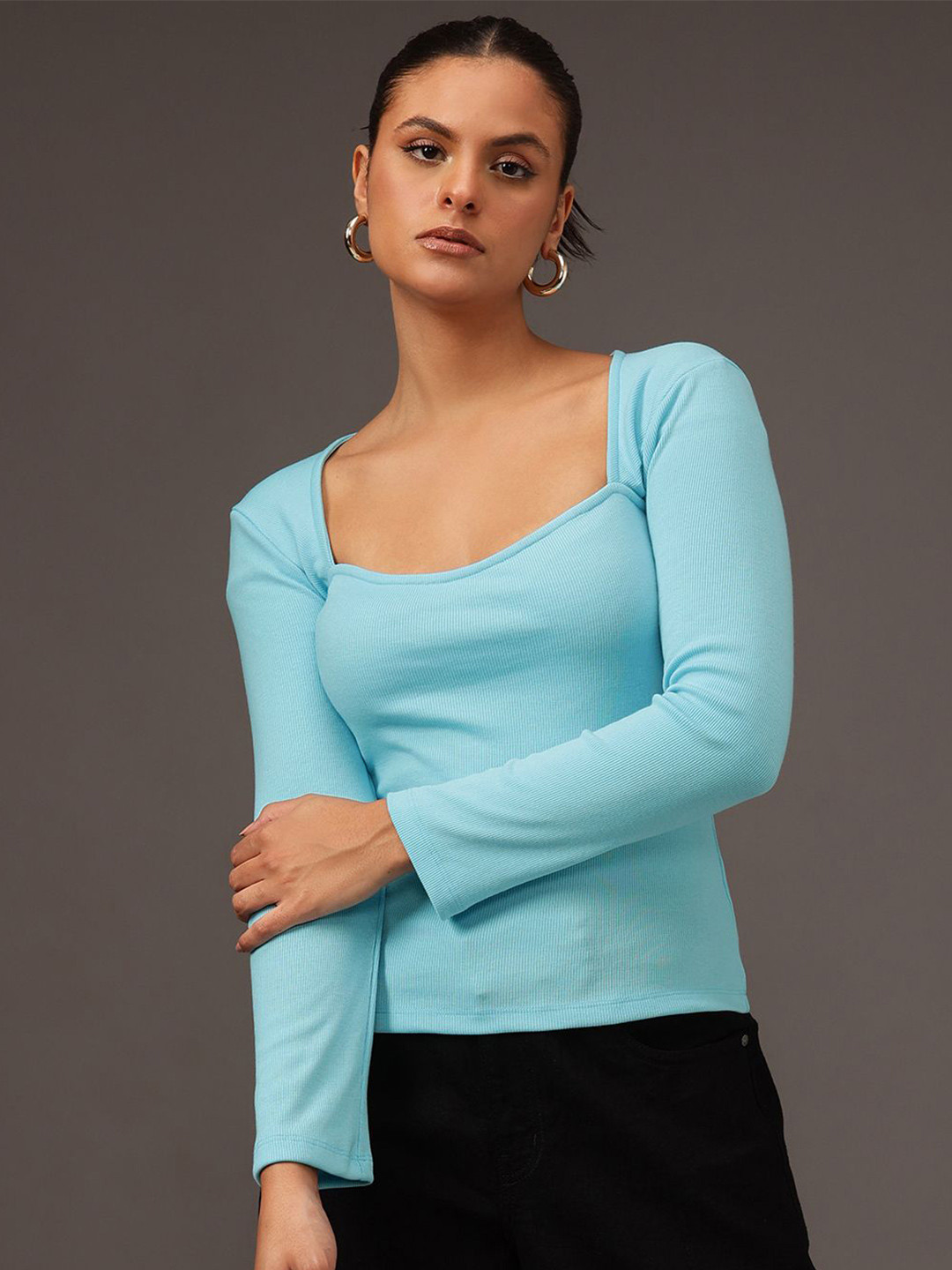 

STREET 9 Women Square Neck Cotton Regular Top, Turquoise blue