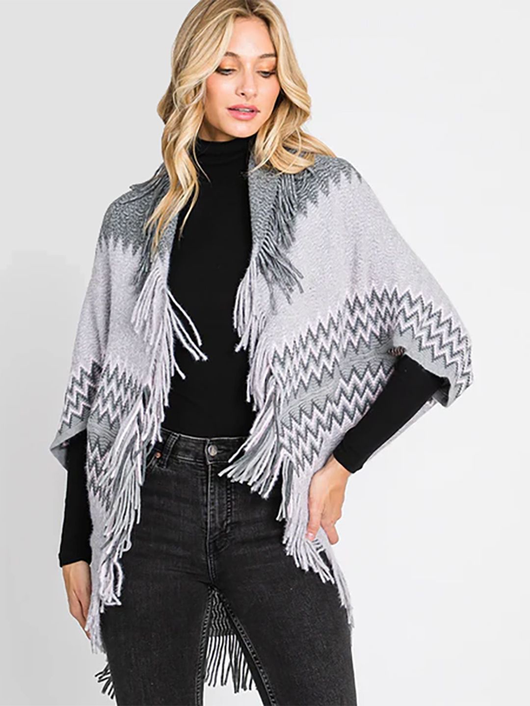 

Bold N Elegant Geometric Self Design Fringed Longline Poncho Sweater, Grey