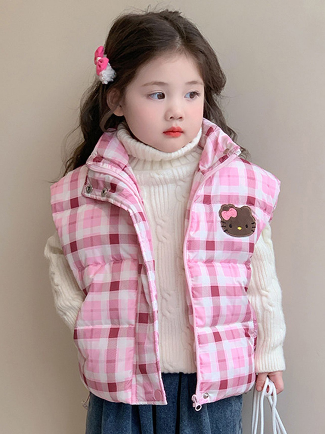 

LULU & SKY Girls Checked Sleeveless Quilted Jacket Sweater, Pink