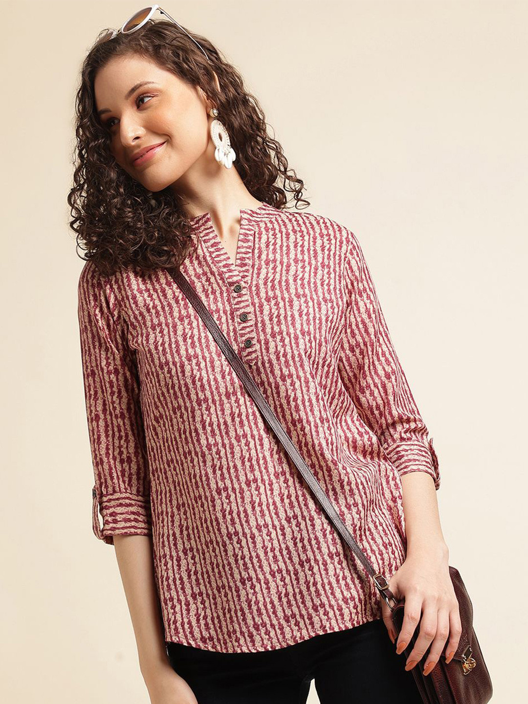 

DressBerry Women Abstract Printed Mandarin Collar Roll-Up Sleeves Top, Red