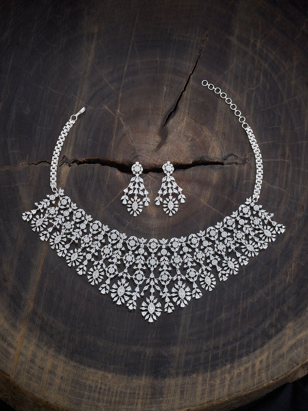 

Kushal's Fashion Jewellery Rhodium-Plated CZ-Studded Necklace and Earrings, Silver